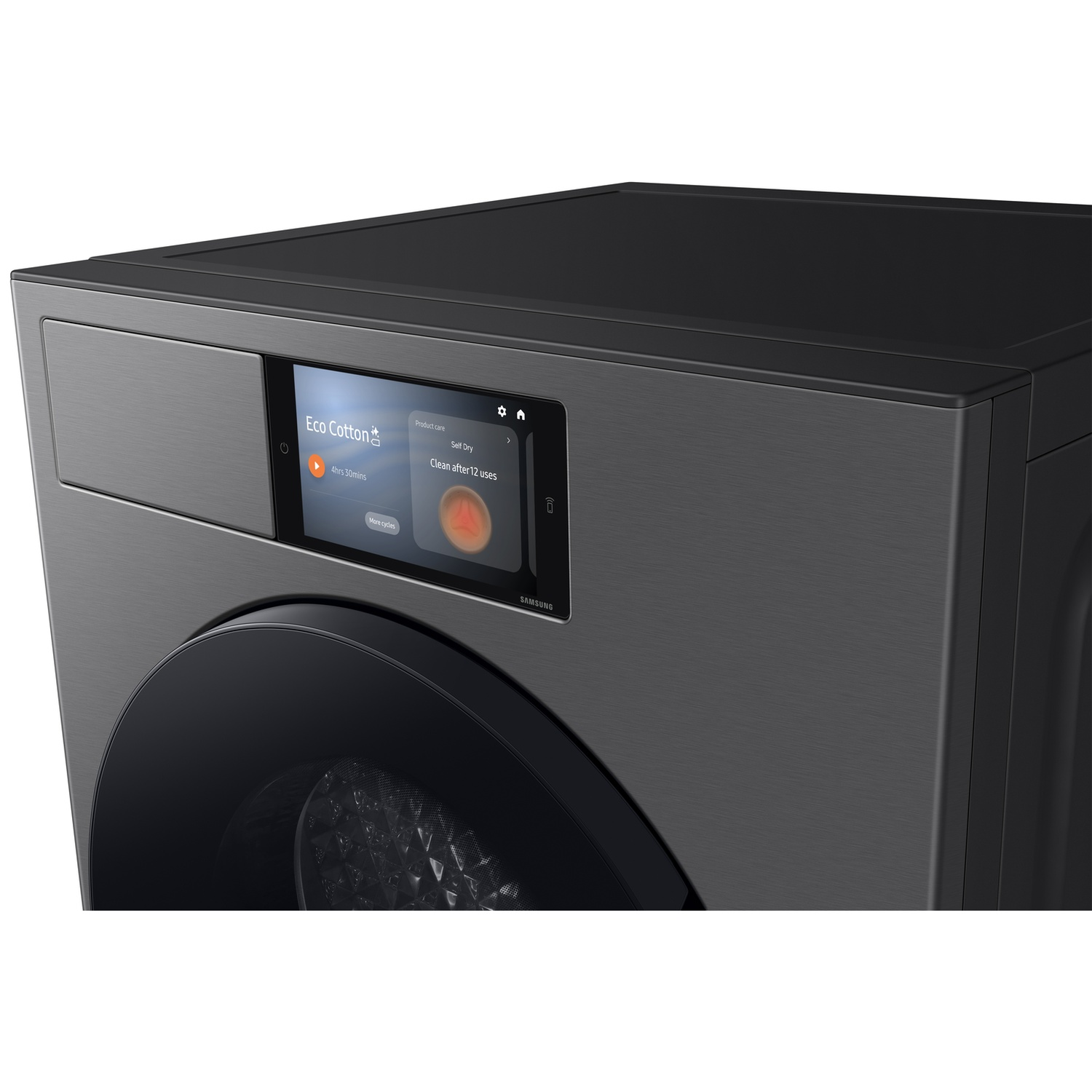 Dark gray washing machine with a touchscreen displaying Eco Cotton mode.