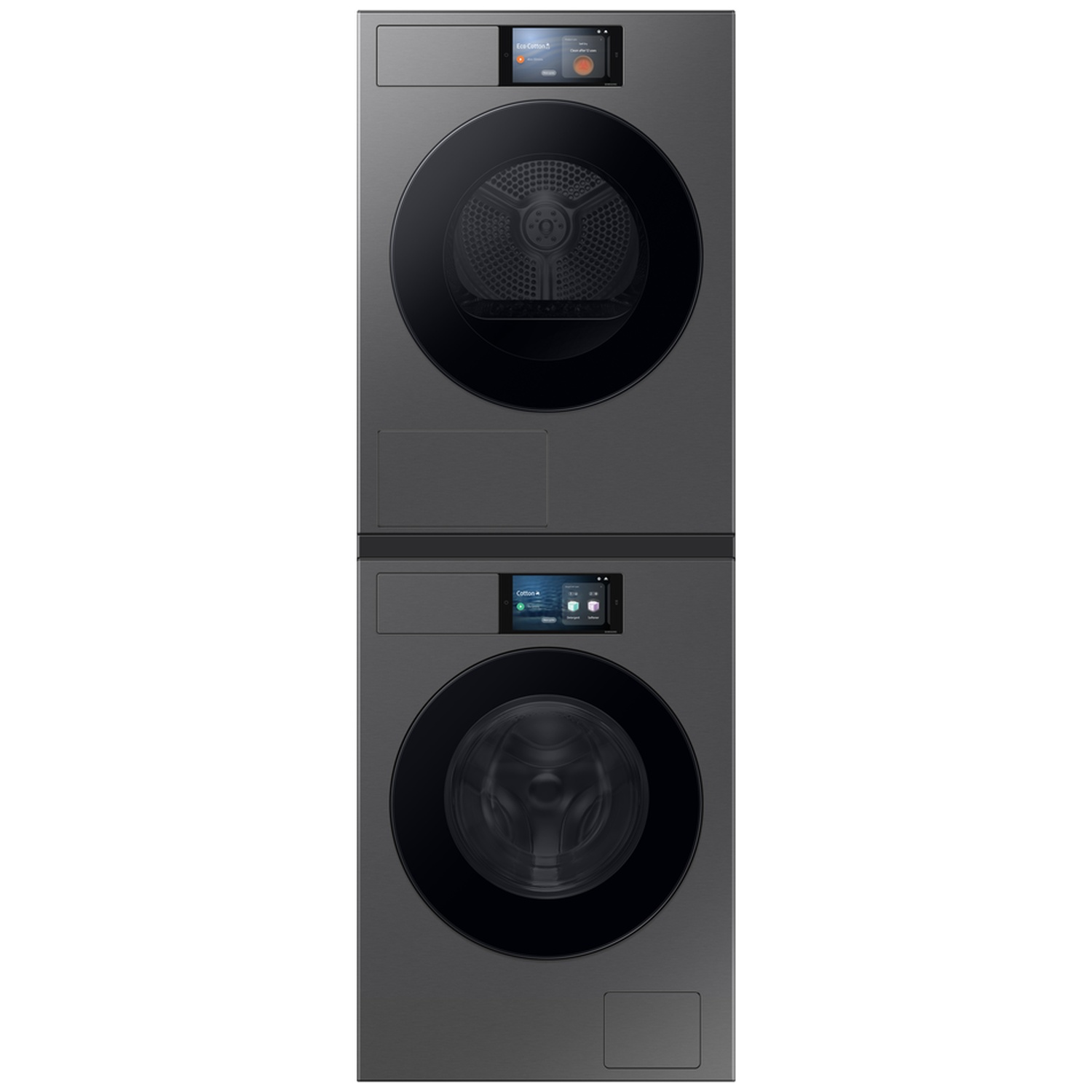 A dark grey washing machine and dryer are stacked one on top of the other.