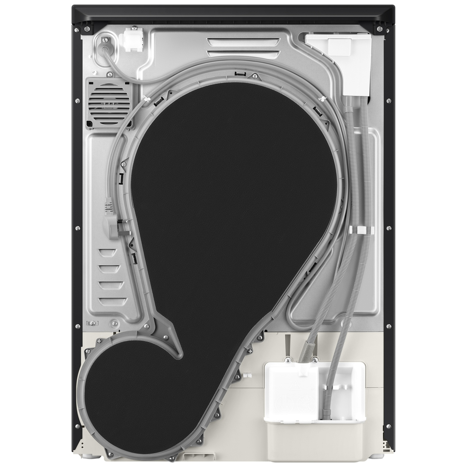 Back of a dryer showing internal components like hoses, cables, and vents.