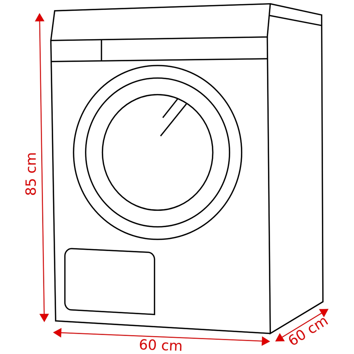 Washing machine with dimensions: 85x60x60 cm, front loader, rectangular flap below.