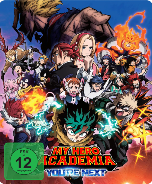 Anime-Poster mit vielen Charakteren, die vor einem dramatischen Himmel kämpfen.