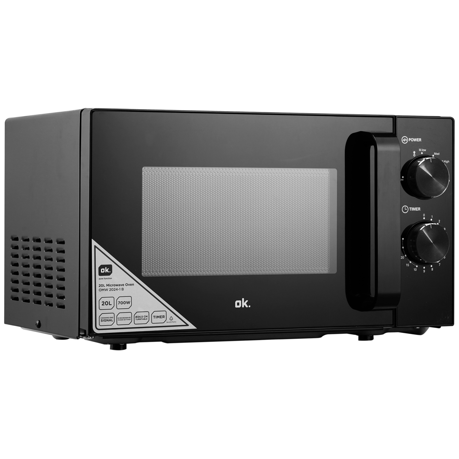 Black microwave oven with power and timer control knobs.