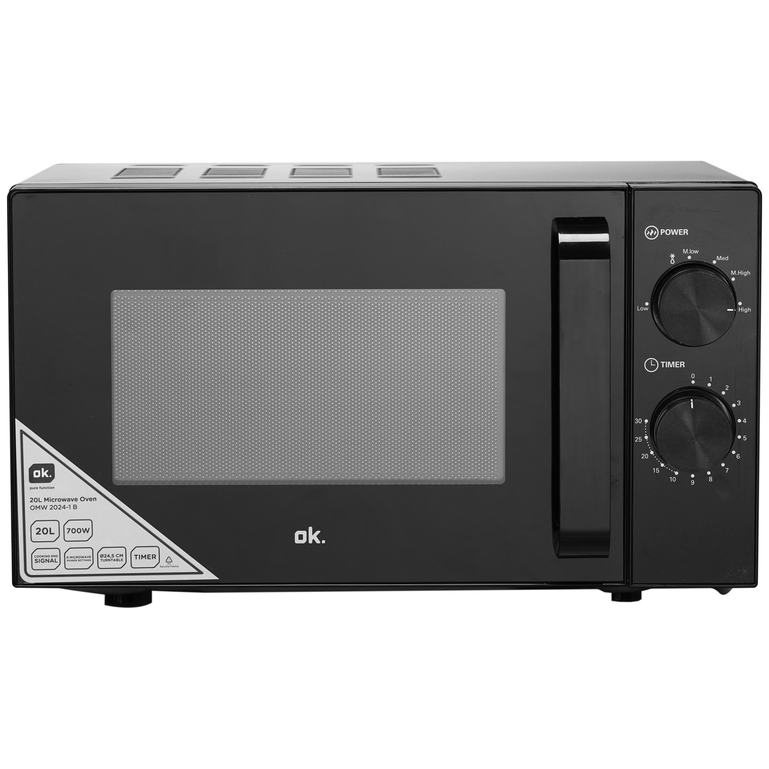 Black microwave oven with a window and control dials.