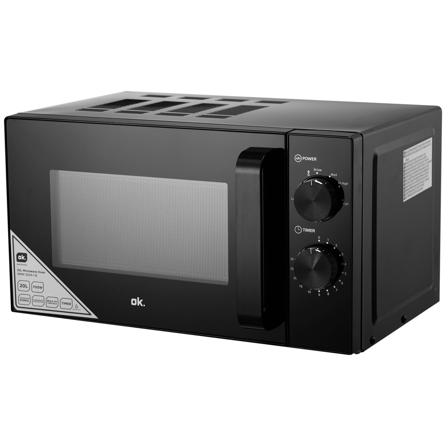 A black microwave oven with power and timer control knobs.