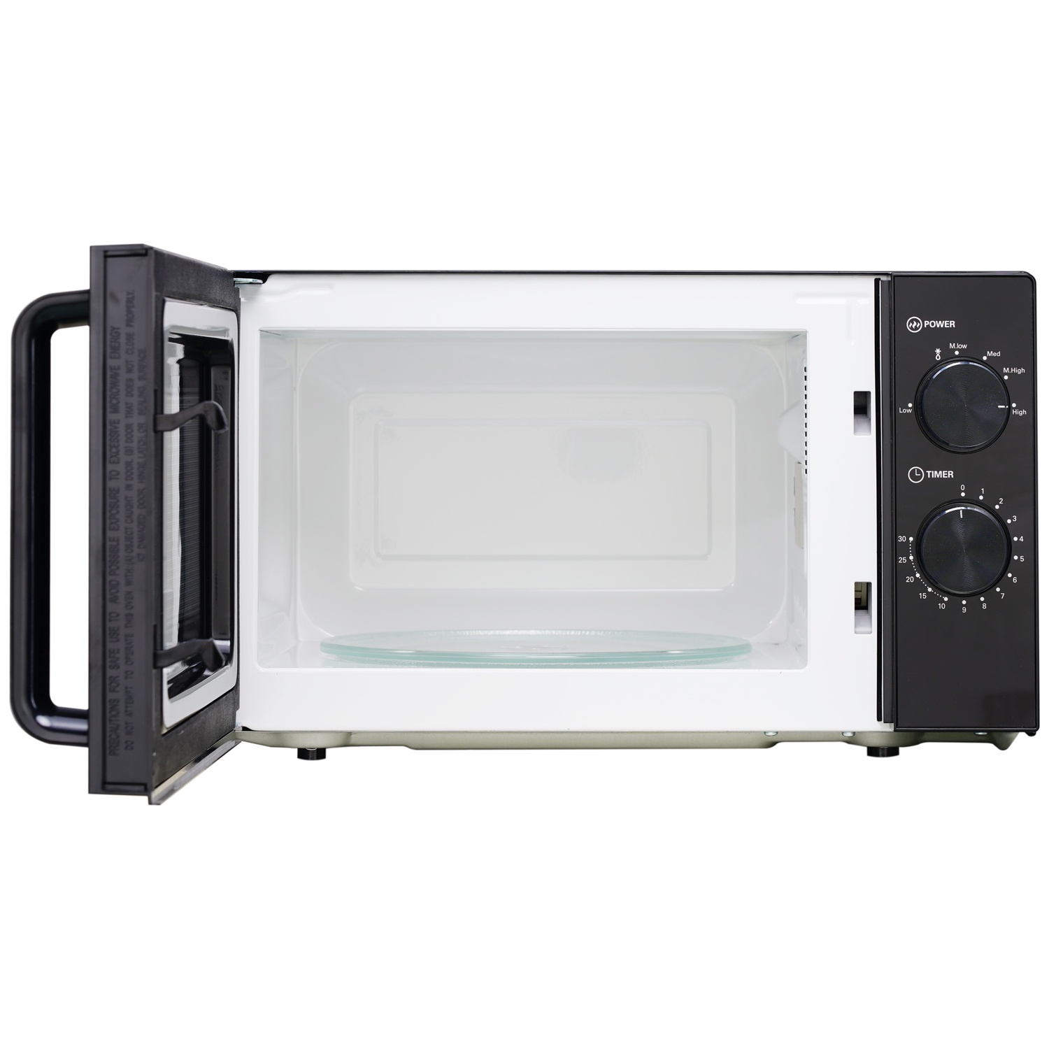 Black microwave interior with open door, turntable, and control knobs.