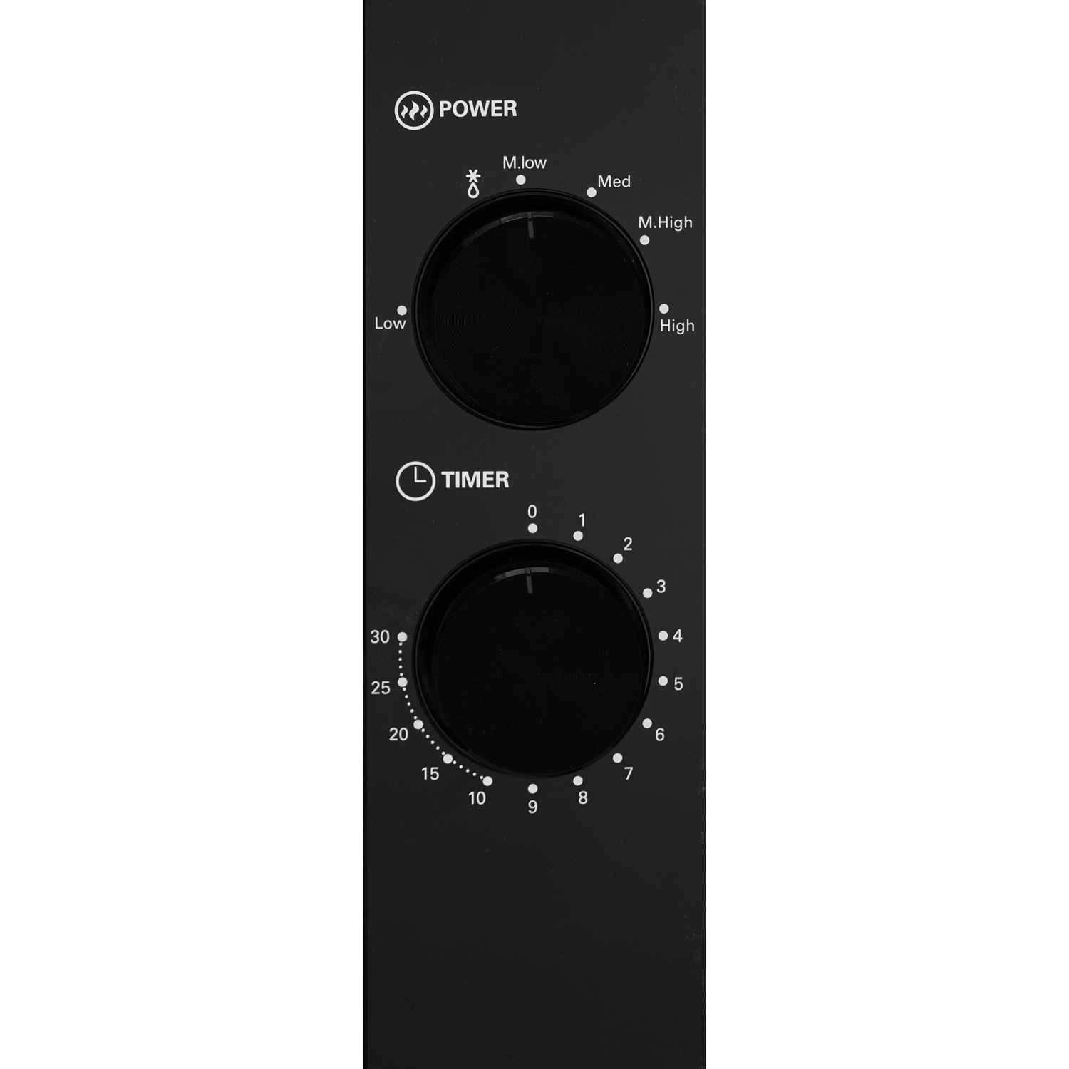 A black control panel with two rotary knobs. One for power, one for timer.