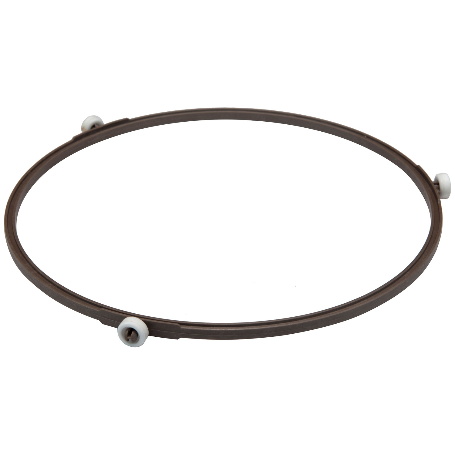 A round, brown ring with three white rollers on a white background.