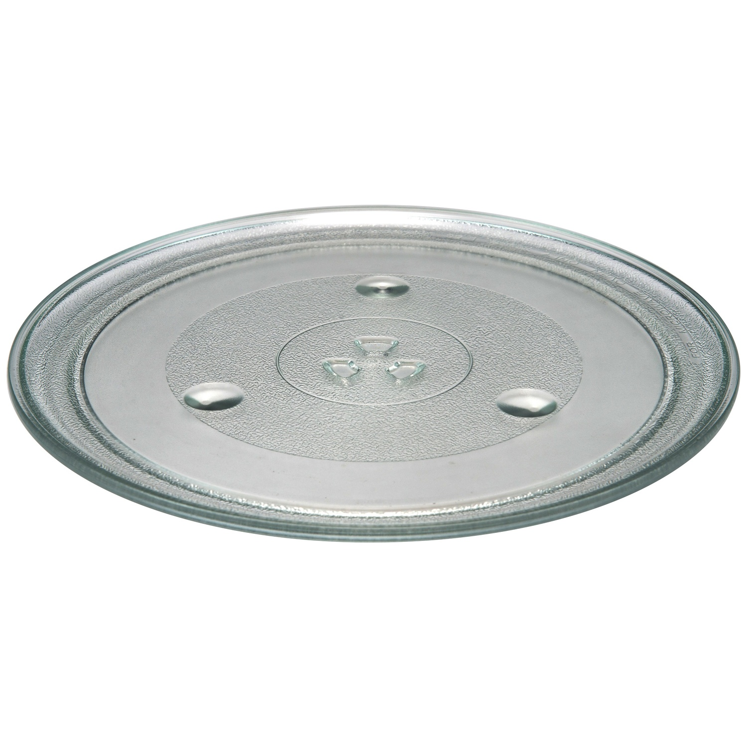 A clear glass microwave turntable with three small supports.