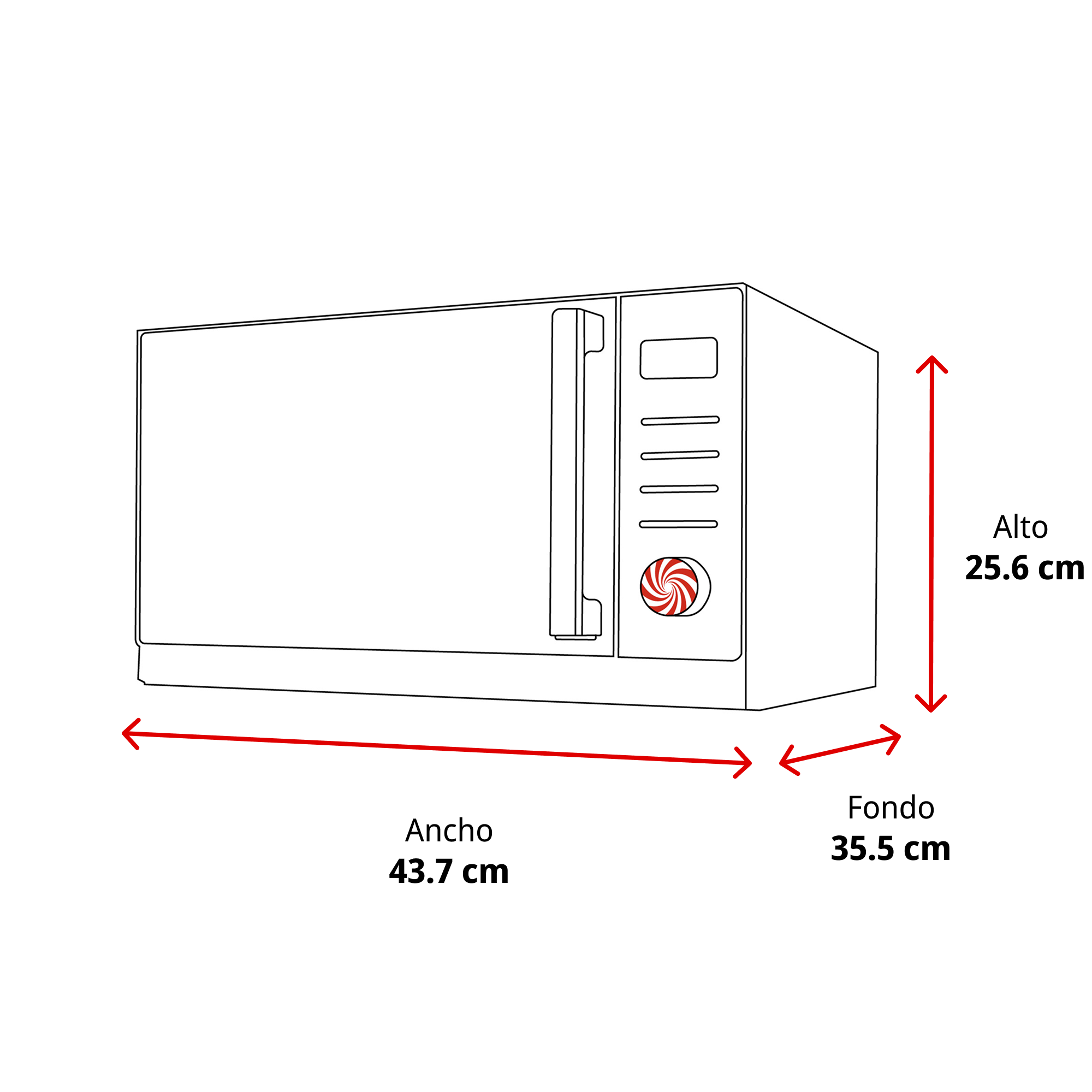 Un dibujo lineal de un horno de microondas con dimensiones de altura, anchura y profundidad.