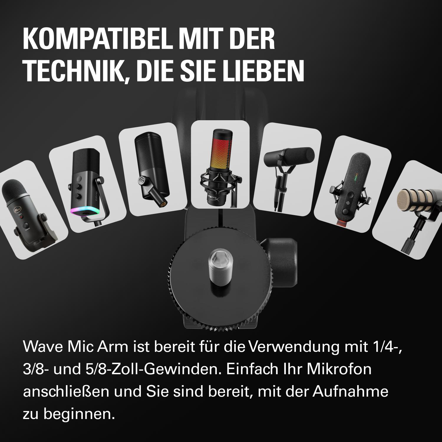 Mehrere Mikrofone sind auf einem Ständer angeordnet. Text: Kompatibel mit Technik, die Sie lieben.