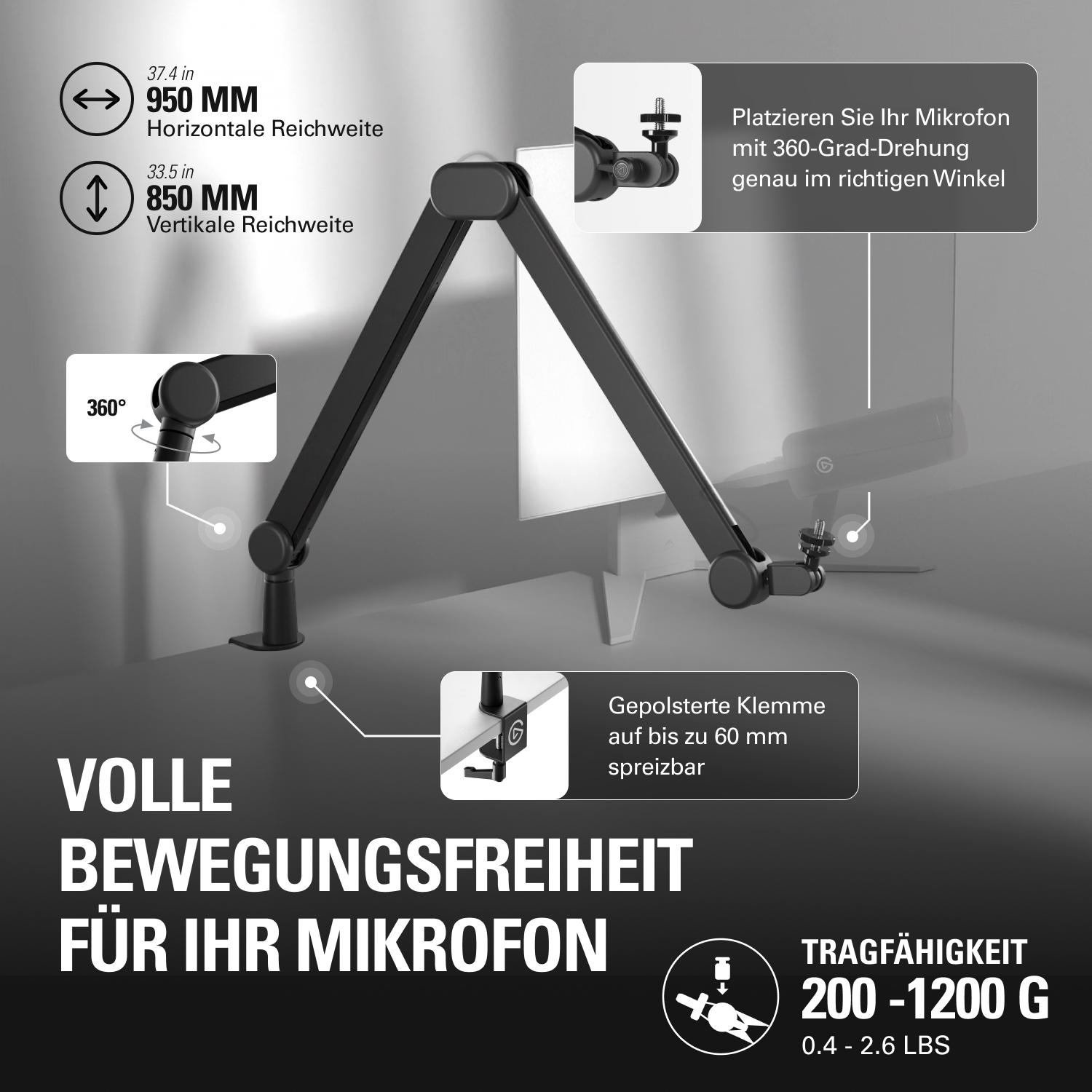 Mikrofonarm mit 950mm horizontaler und 850mm vertikaler Reichweite.