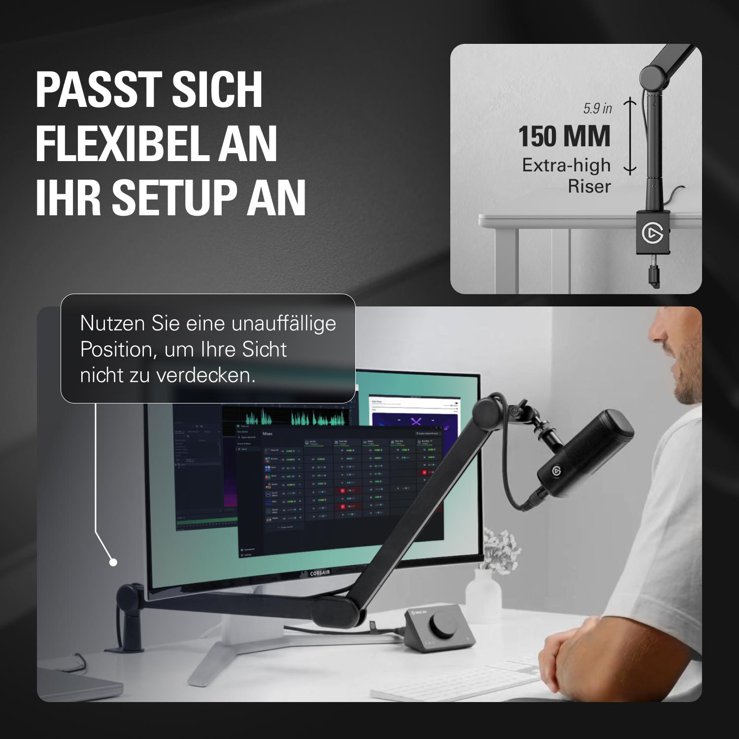 Ein Mikrofonarm mit Riser über einem Schreibtisch und Computer.