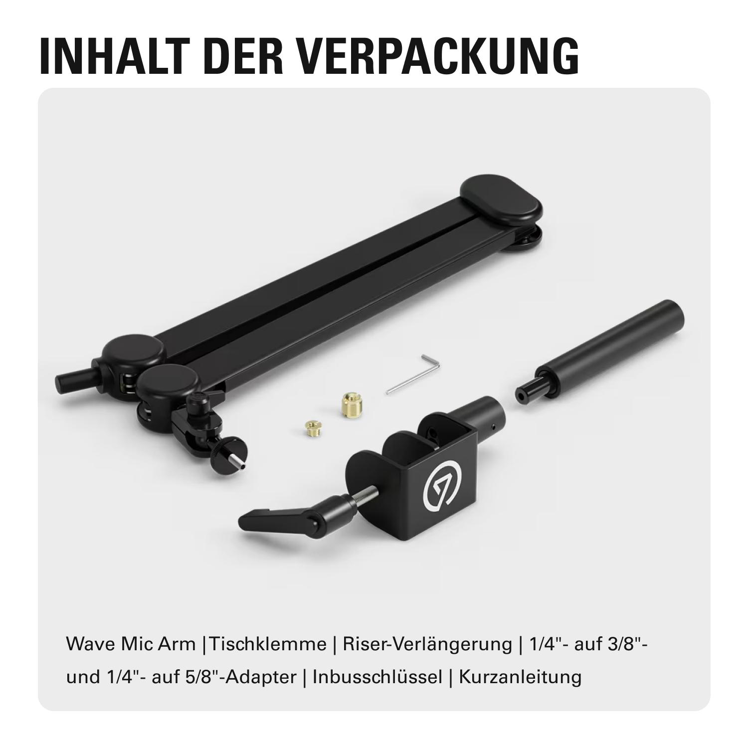 Ein schwarzer Mikrofonarm, eine Tischklemme, eine Riser-Verlängerung, Adapter und ein Inbusschlüssel liegen auf einer weißen Oberfläche.