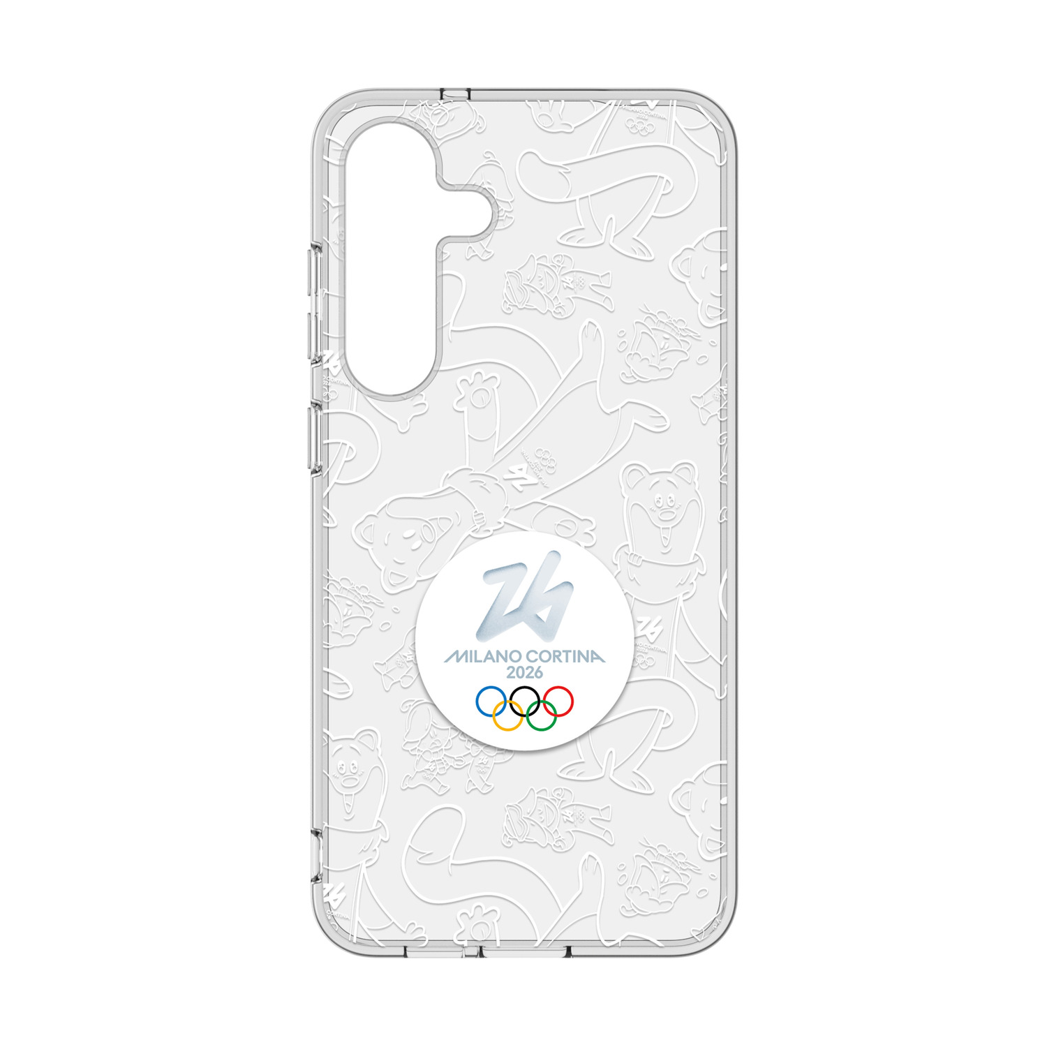 Custodia trasparente per telefono con logo Milano Cortina 2026 e motivo mascotte.