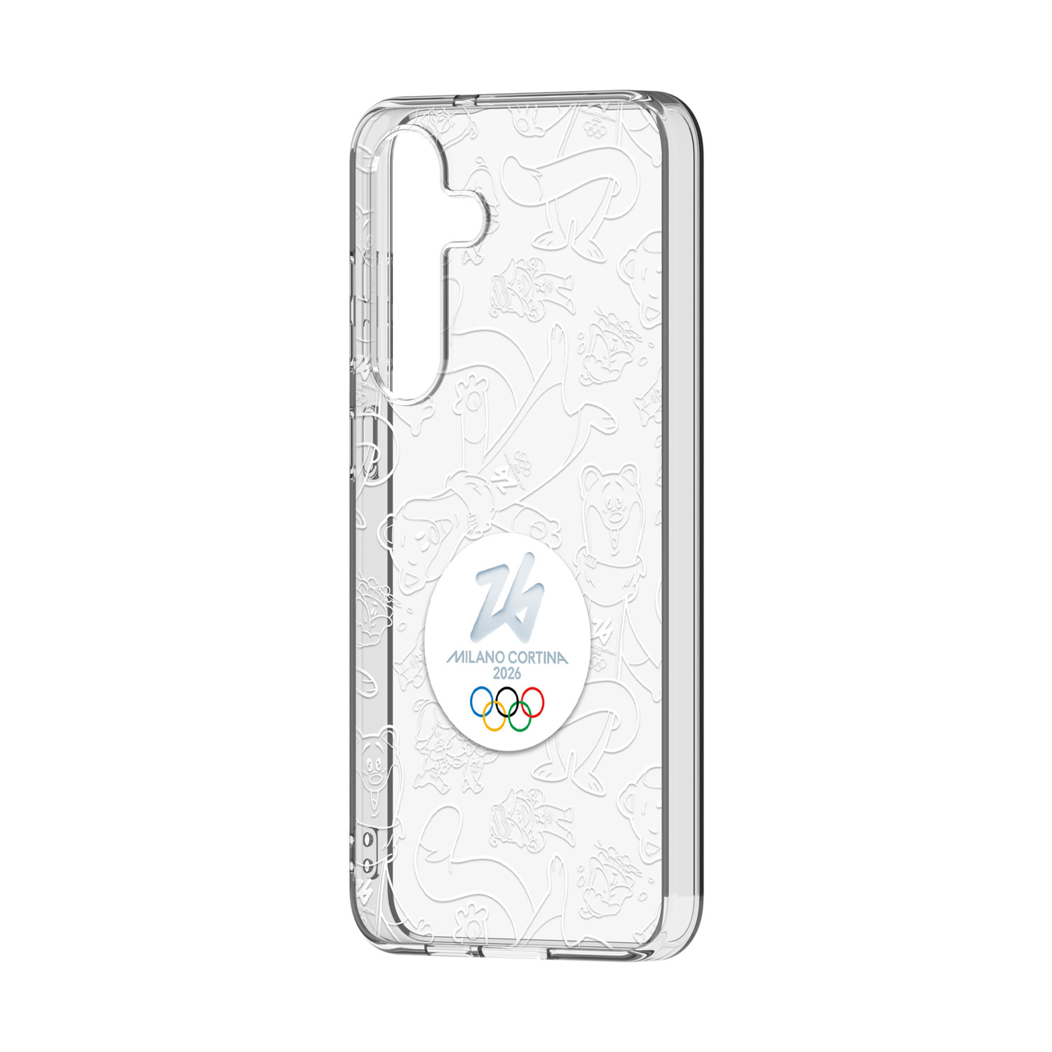 Custodia trasparente per telefono con logo Milano Cortina 2026 e anelli olimpici.