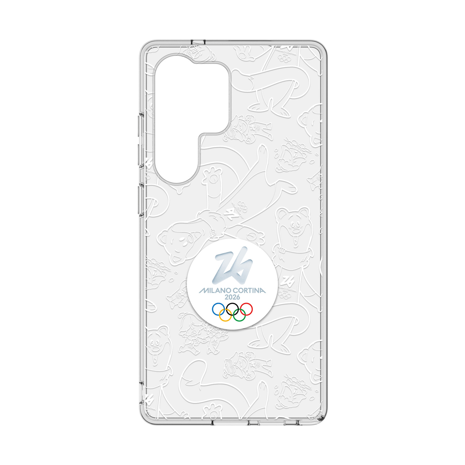 Custodia trasparente per telefono con motivi animali e logo Milano Cortina 2026.