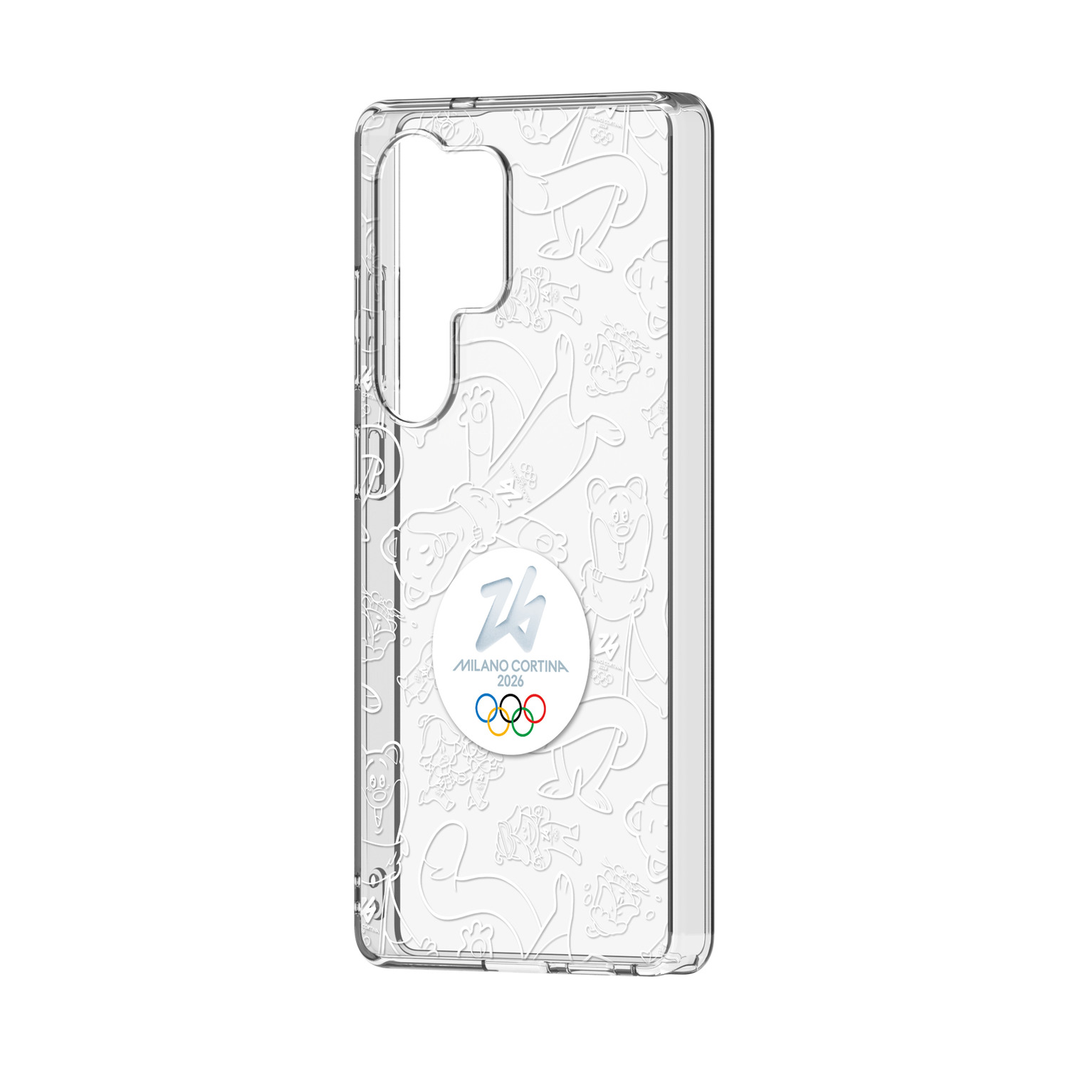 Custodia trasparente per telefono con logo Milano Cortina 2026 e anelli olimpici.