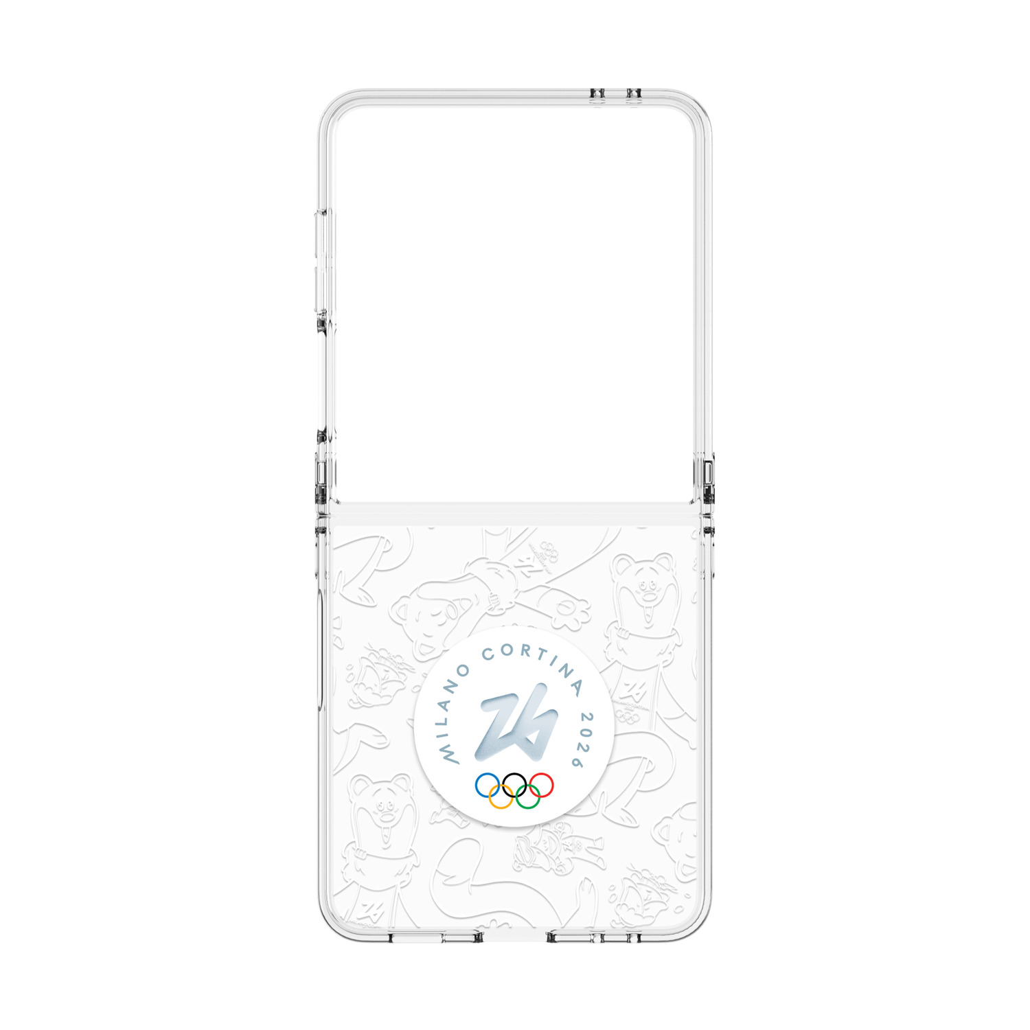 Custodia trasparente per telefono con logo Milano Cortina 2026 e anelli olimpici.