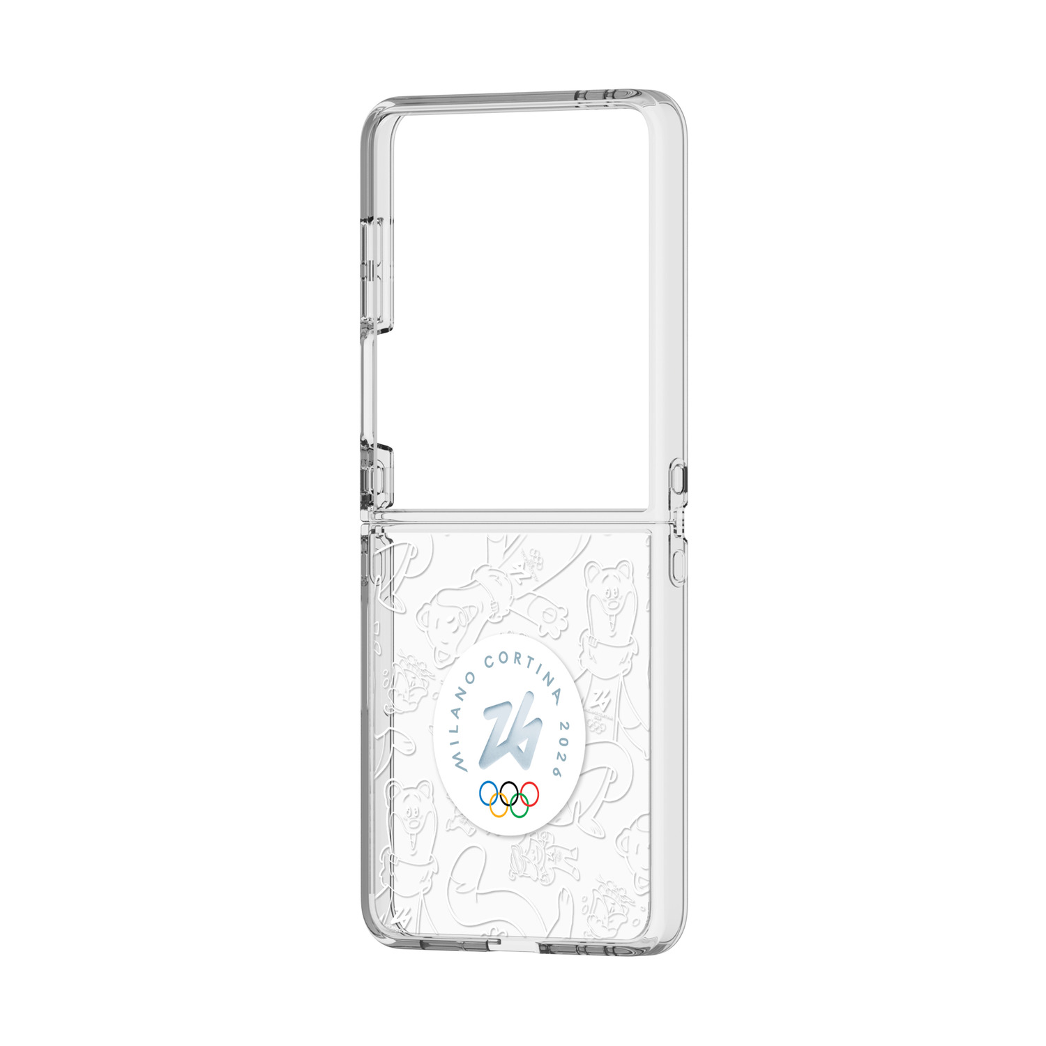 Custodia trasparente per telefono con logo Milano Cortina 2026 e animali.