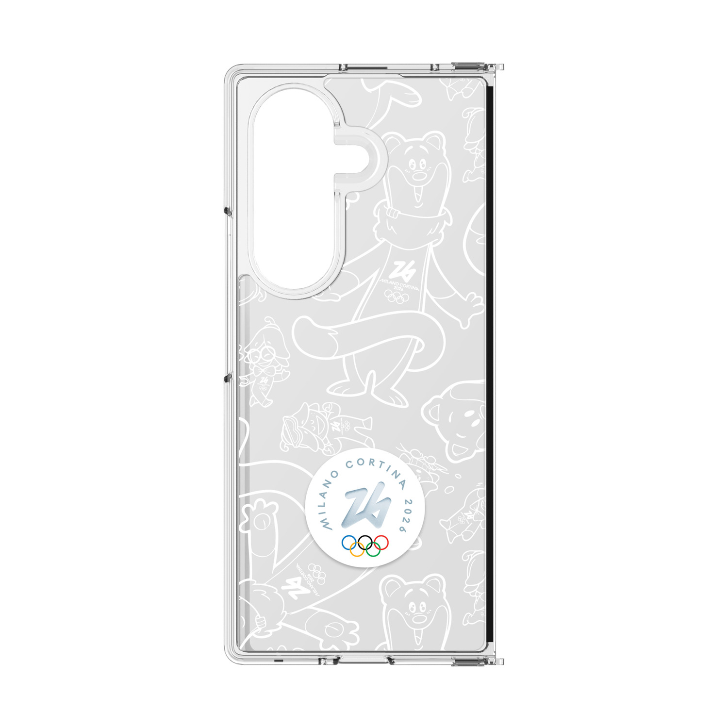 Custodia trasparente con logo Milano Cortina 2026 e personaggi.