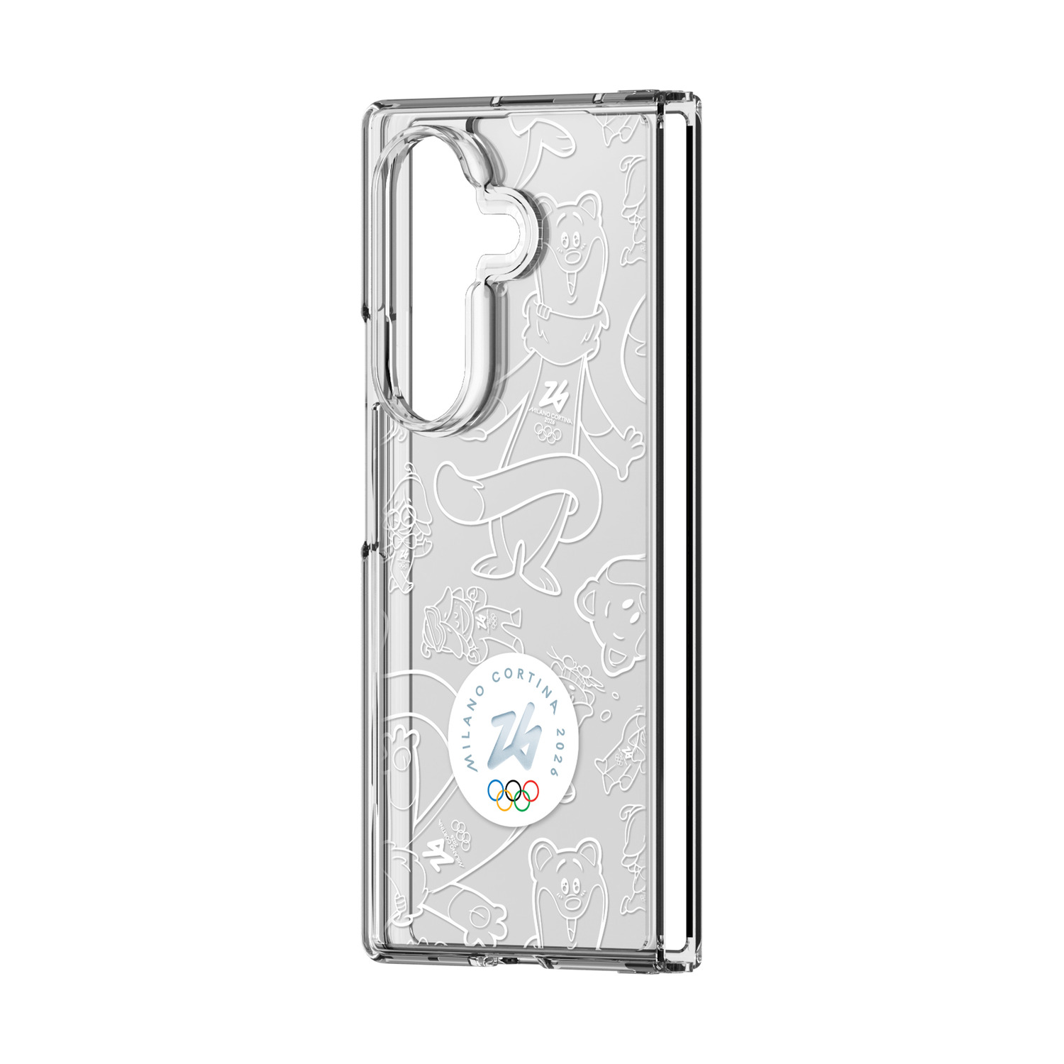 Custodia trasparente per telefono con logo olimpico Milano Cortina 2026 e orsi.