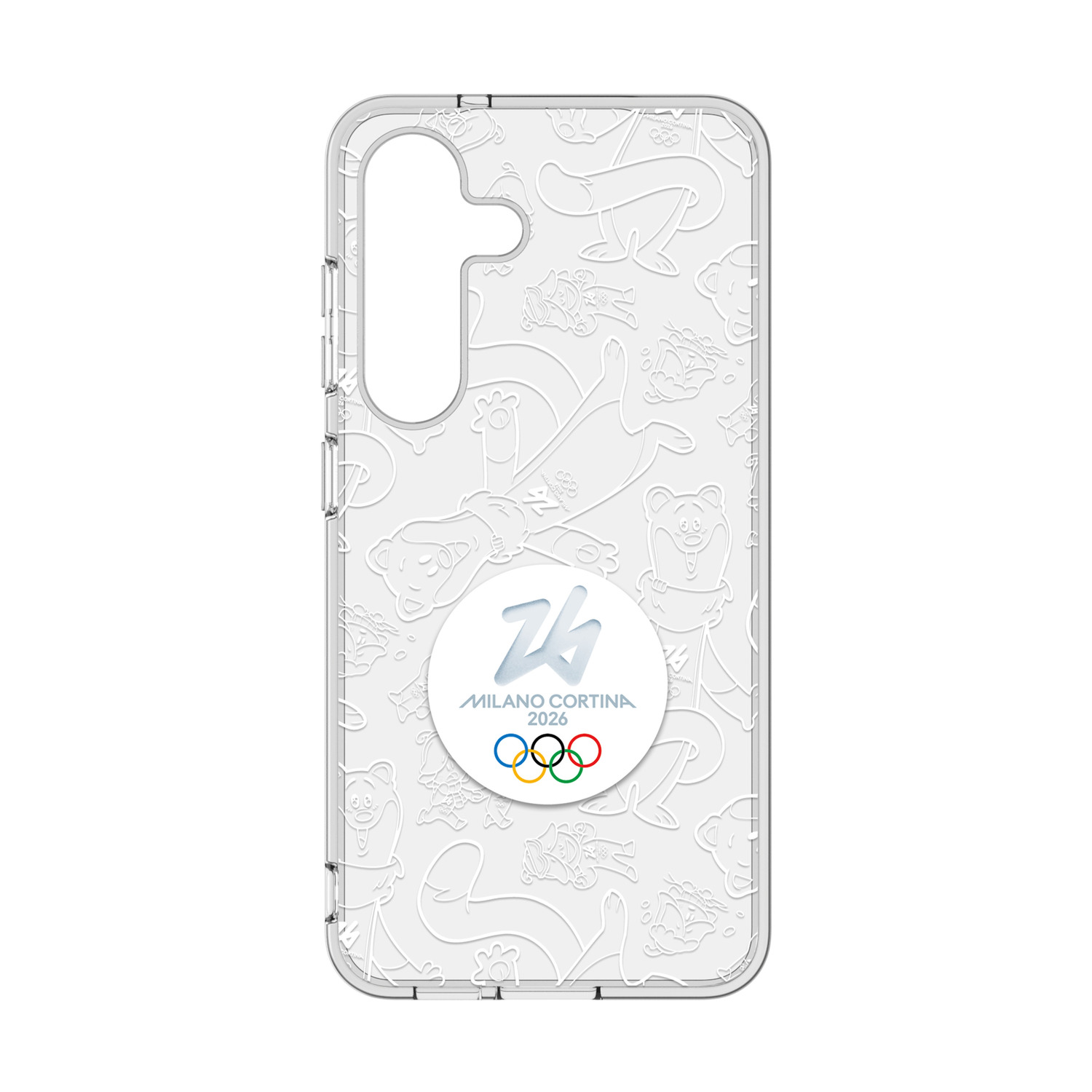 Custodia trasparente per telefono con motivo animale e logo Milano Cortina 2026.