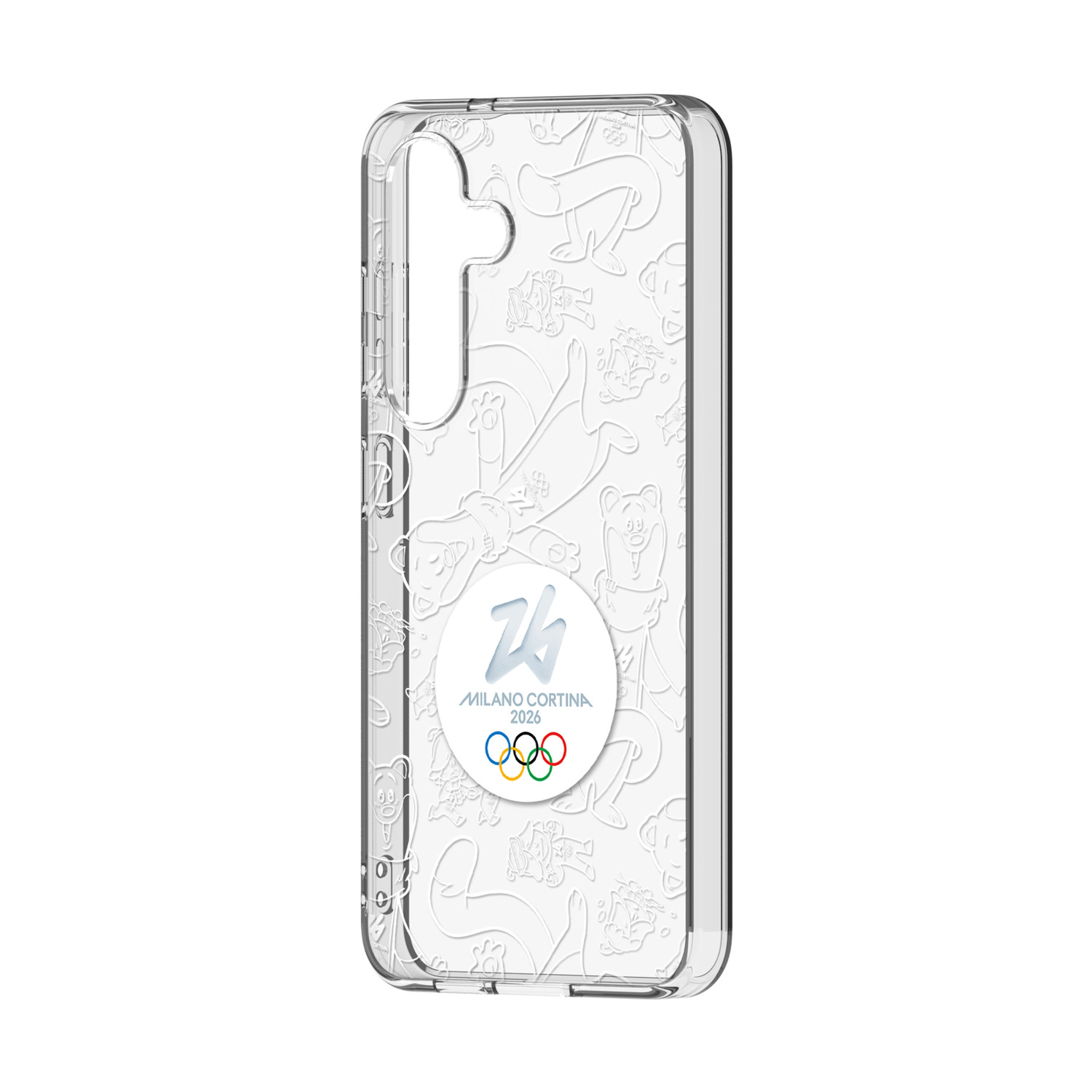 Custodia trasparente per telefono con logo Milano Cortina 2026 e anelli olimpici.