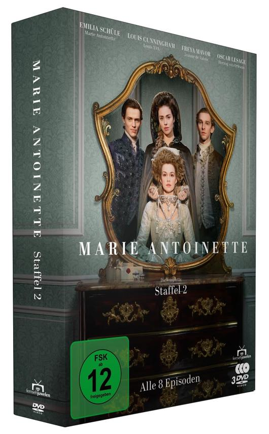 DVD-Box "Marie Antoinette Staffel 2" mit vier Darstellern im Spiegel.