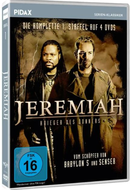 DVD-Cover: Zwei Männer, "Jeremiah"-Titel, "Krieger des Donners"-Untertitel.
