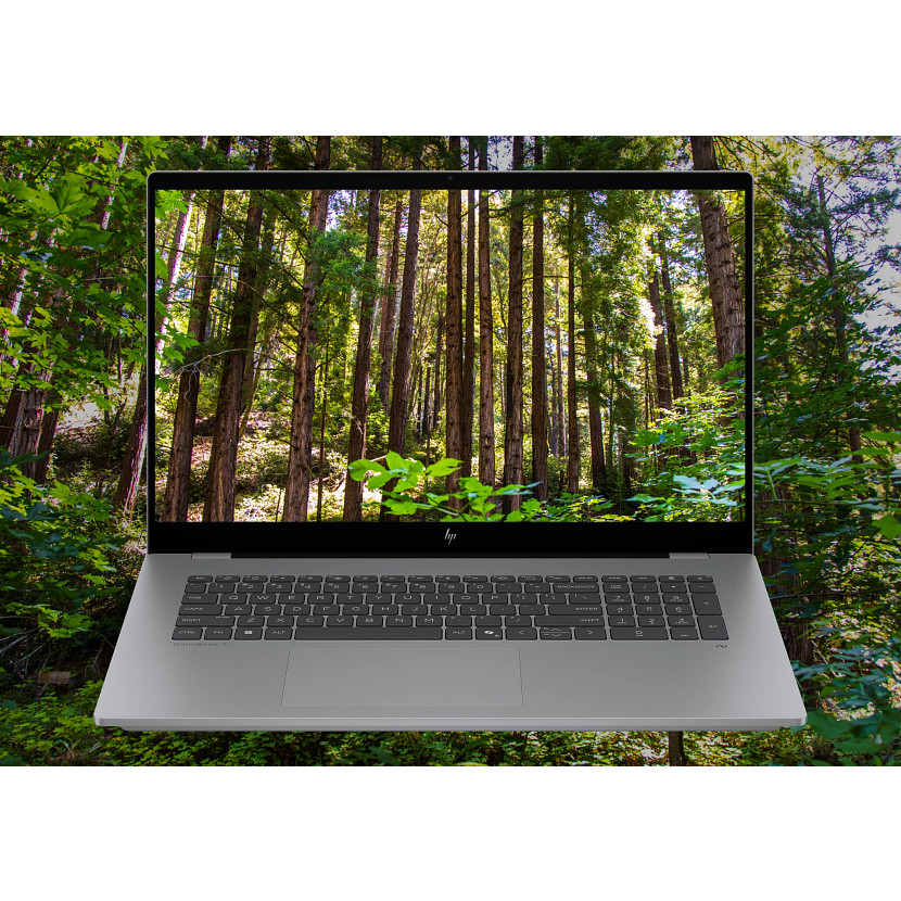 Een laptop toont een boslandschap, omgeven door bomen en groen.