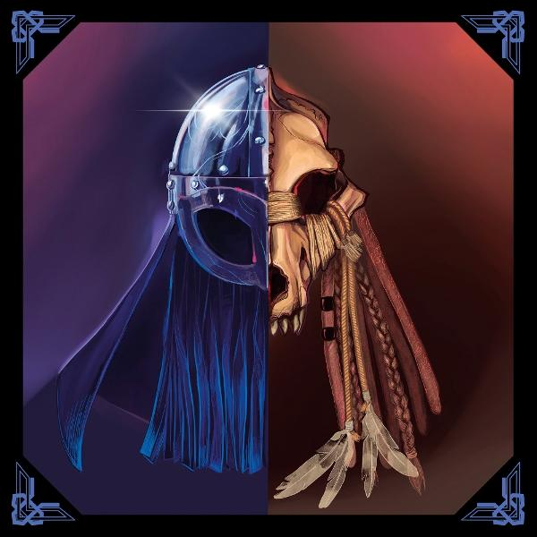 Ein Helm und ein Totenkopf sind geteilt, mit Federn und Zöpfen.