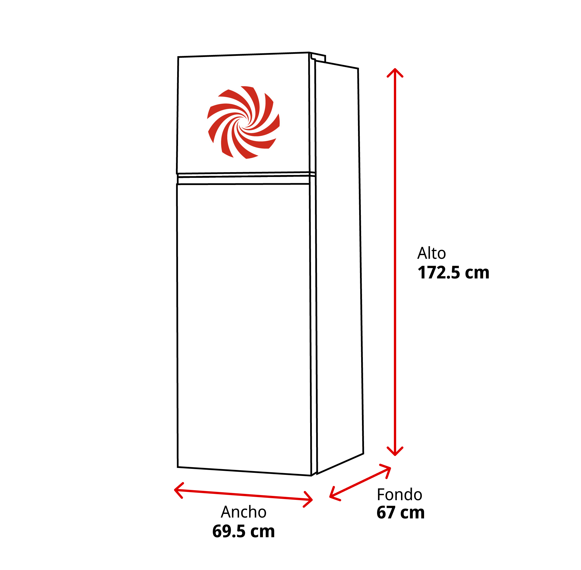 Contorno de refrigerador con dimensiones: A 172,5 cm, An 69,5 cm, Fo 67 cm.