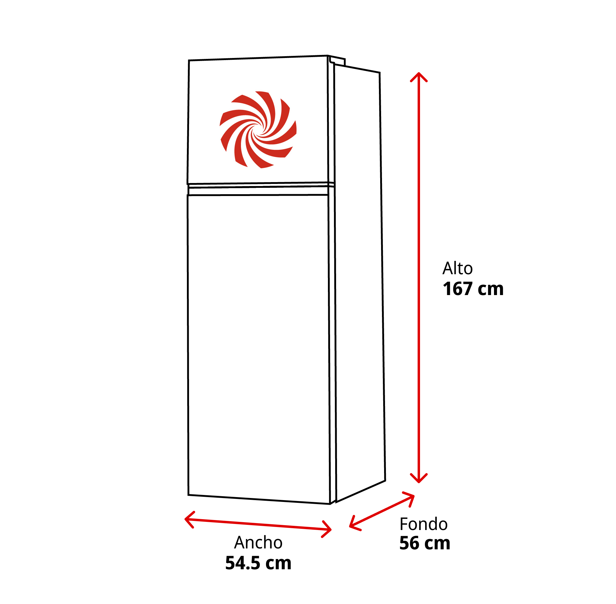 Un refrigerador con remolinos rojos arriba. Dimensiones: 167 cm alto, 54,5 cm ancho, 56 cm fondo.