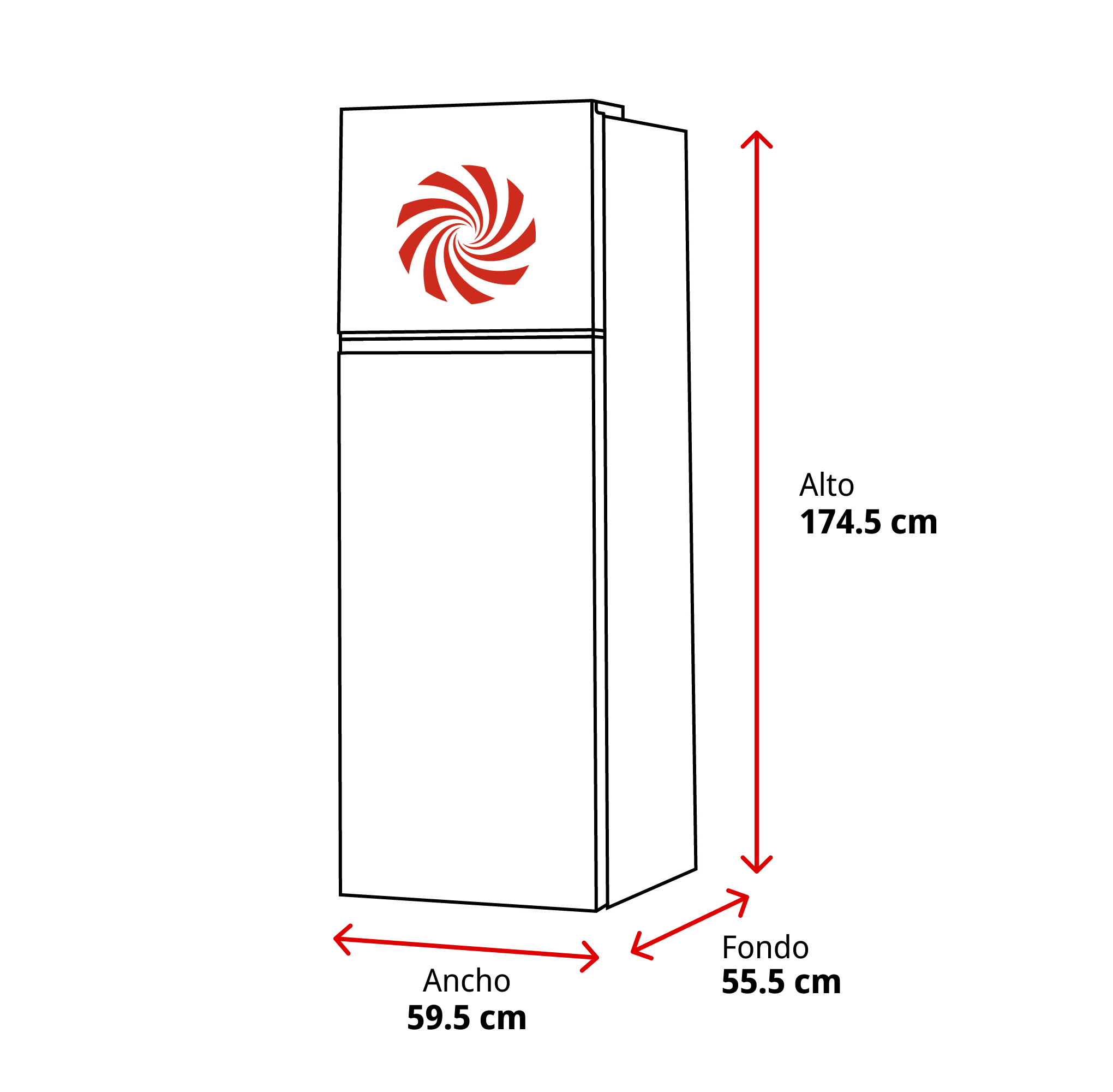 Un refrigerador con pegatina de remolino rojo. Dimensiones: Al 174,5 cm, An 59,5 cm, Fo 55,5 cm.