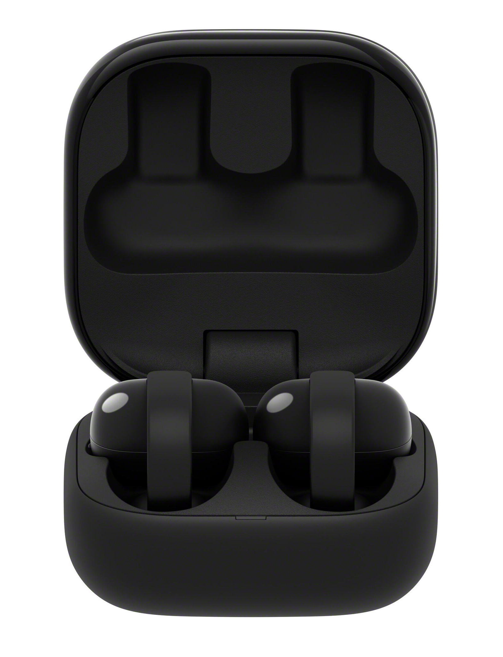 Czarne słuchawki bezprzewodowe z etui ładującym, otwarte.