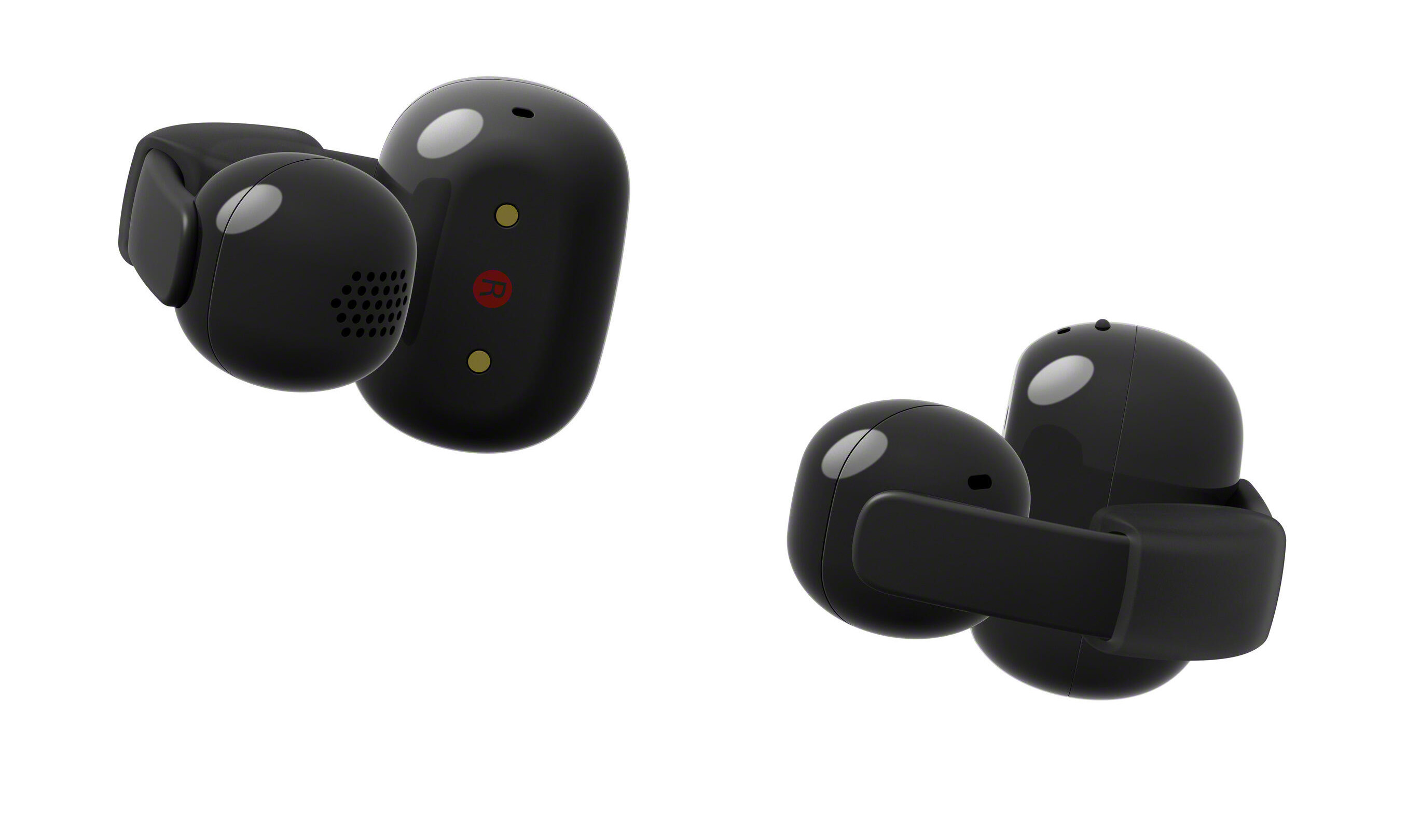 Dwa czarne słuchawki bezprzewodowe z błyszczącymi detalami na białym tle.