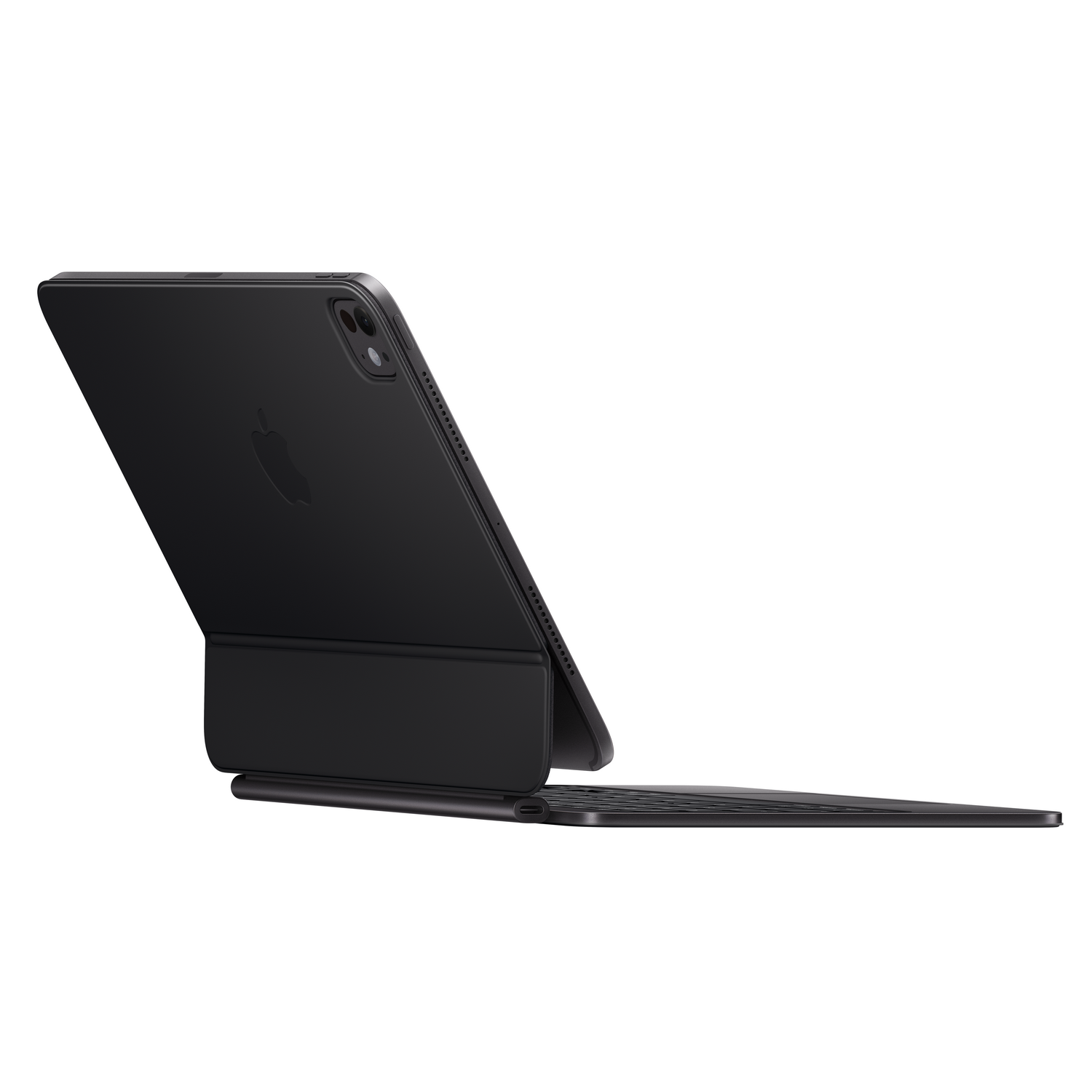 Un iPad negro con funda de teclado acoplada, sobre fondo blanco.