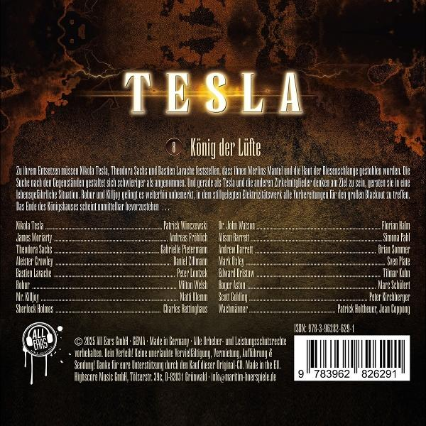 Cover der Hörspiel-CD "Tesla: König der Lüfte" mit Titel, Sprecherliste und Barcode.