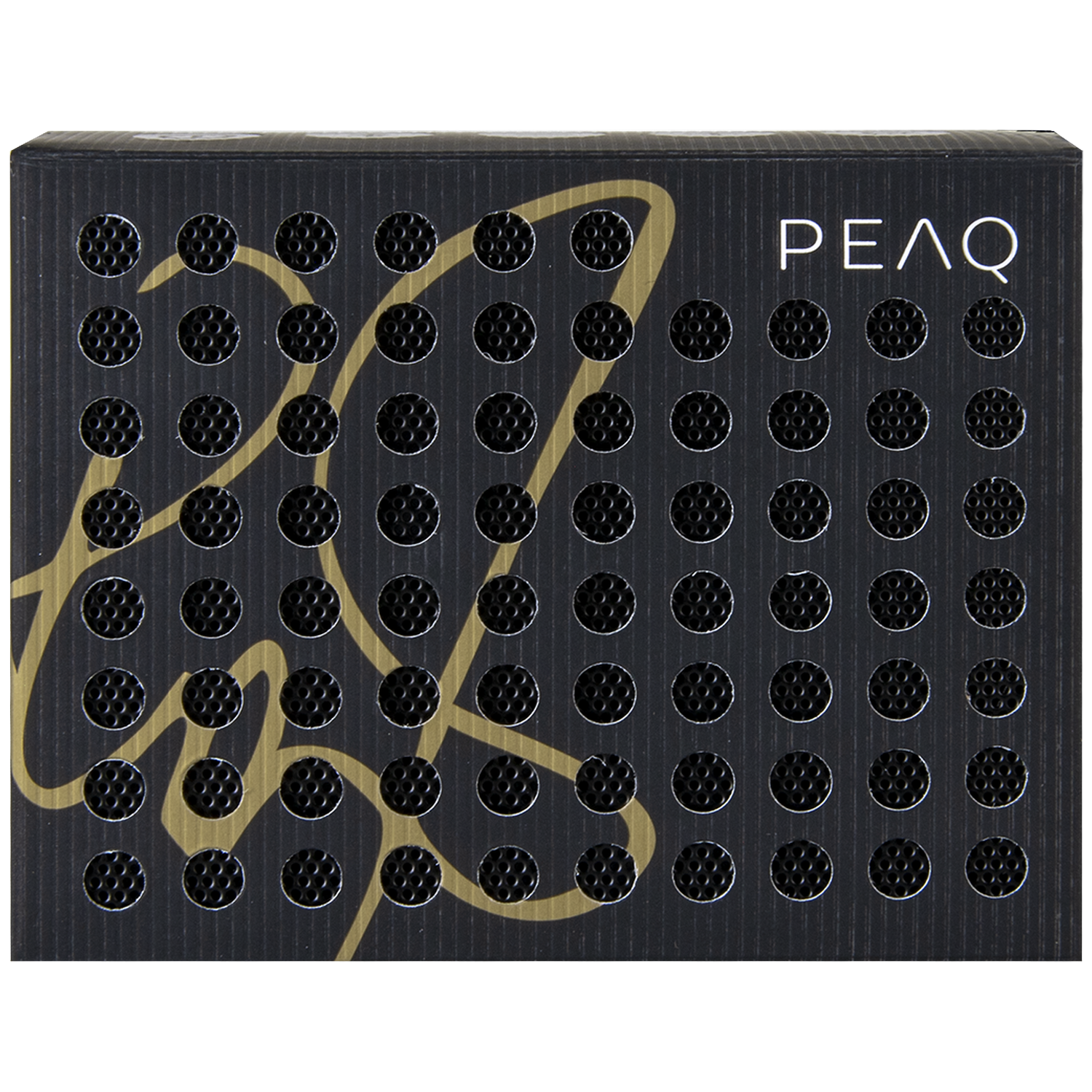 Black box with gold pattern and many small circles, PEAQ logo top right.