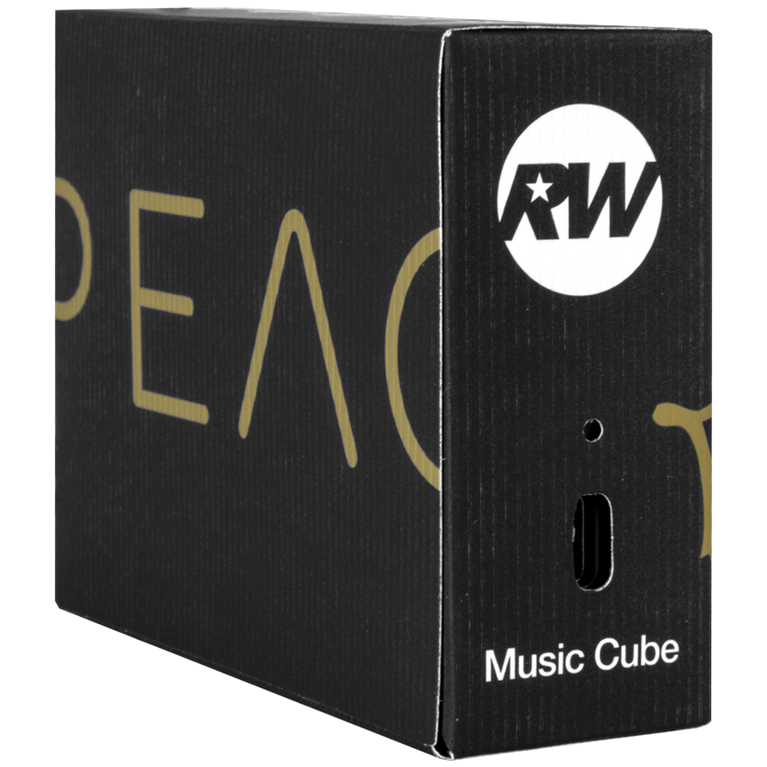 Black cardboard box with gold text 'PEAC' and RW logo.