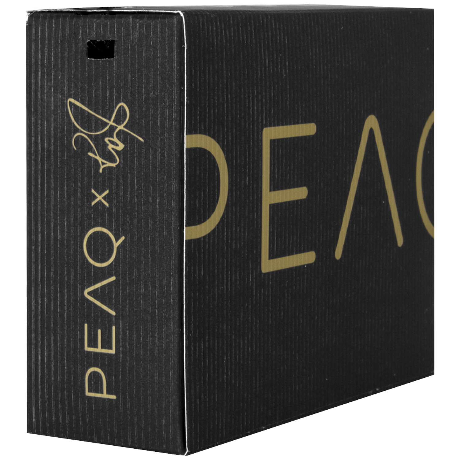 Black box with gold lettering 'PEAQ' and a signature.