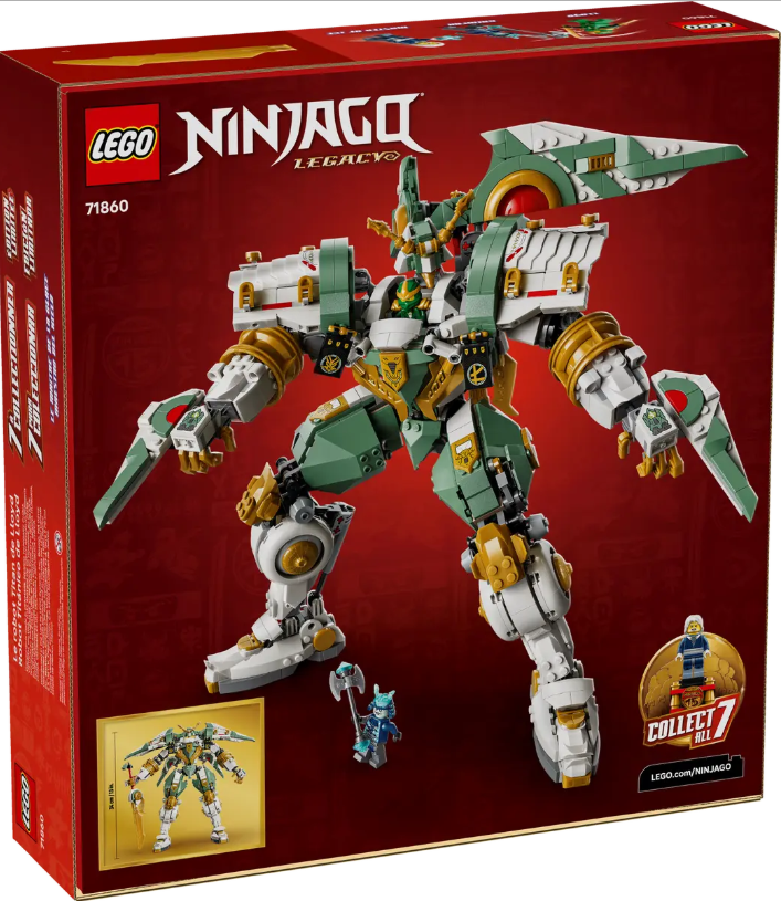 LEGO Ninjago Mech-Bausatz mit grünen, weißen und goldenen Akzenten. Enthält Minifiguren.