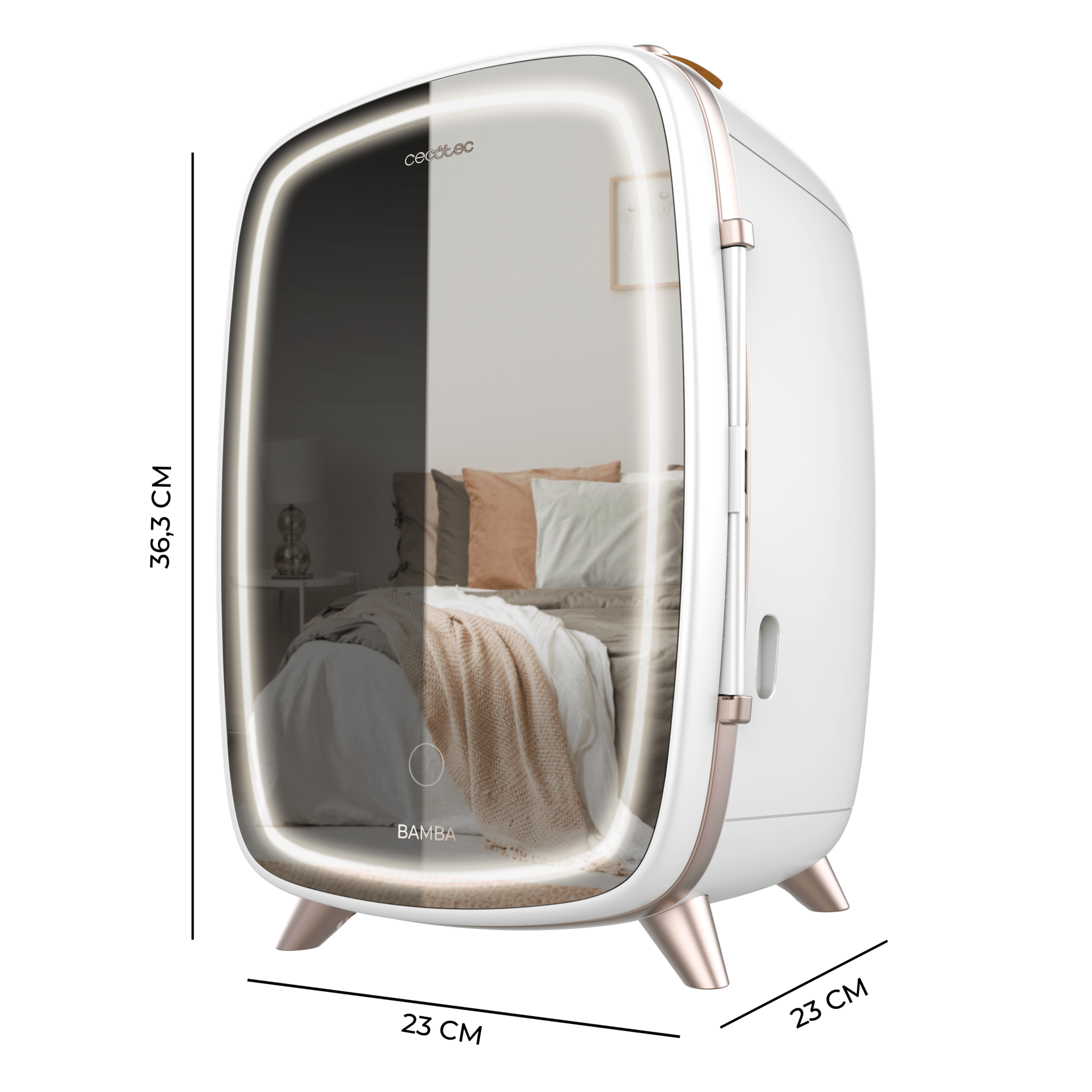 Mininevera blanca con detalles en oro rosa, una puerta de espejo que refleja un dormitorio y dimensiones de 36,3x23x23cm.