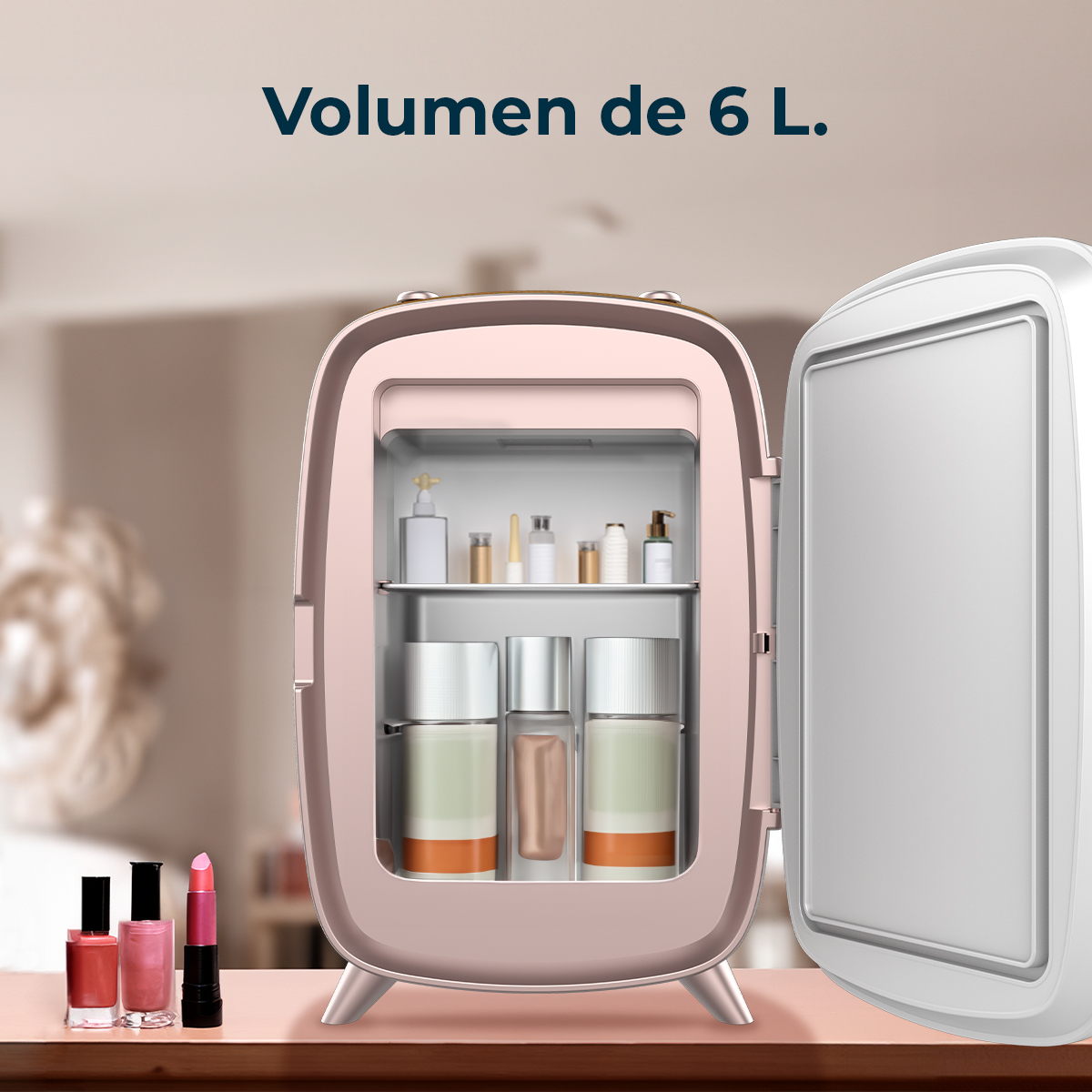 Un mini-nevera cosmético rosa con puertas abiertas, lleno de botellas y frascos.