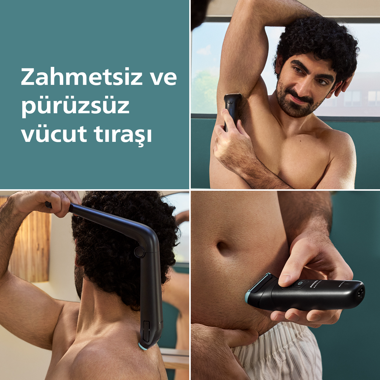 Erkek, koltuk altını, sırtını ve karnını düzelticiyle tıraş ediyor.