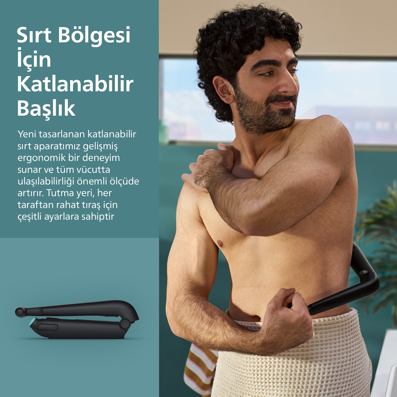 Sakallı erkek katlanabilir siyah sırt tıraş aleti kullanıyor. Ürün katlanmış halde.