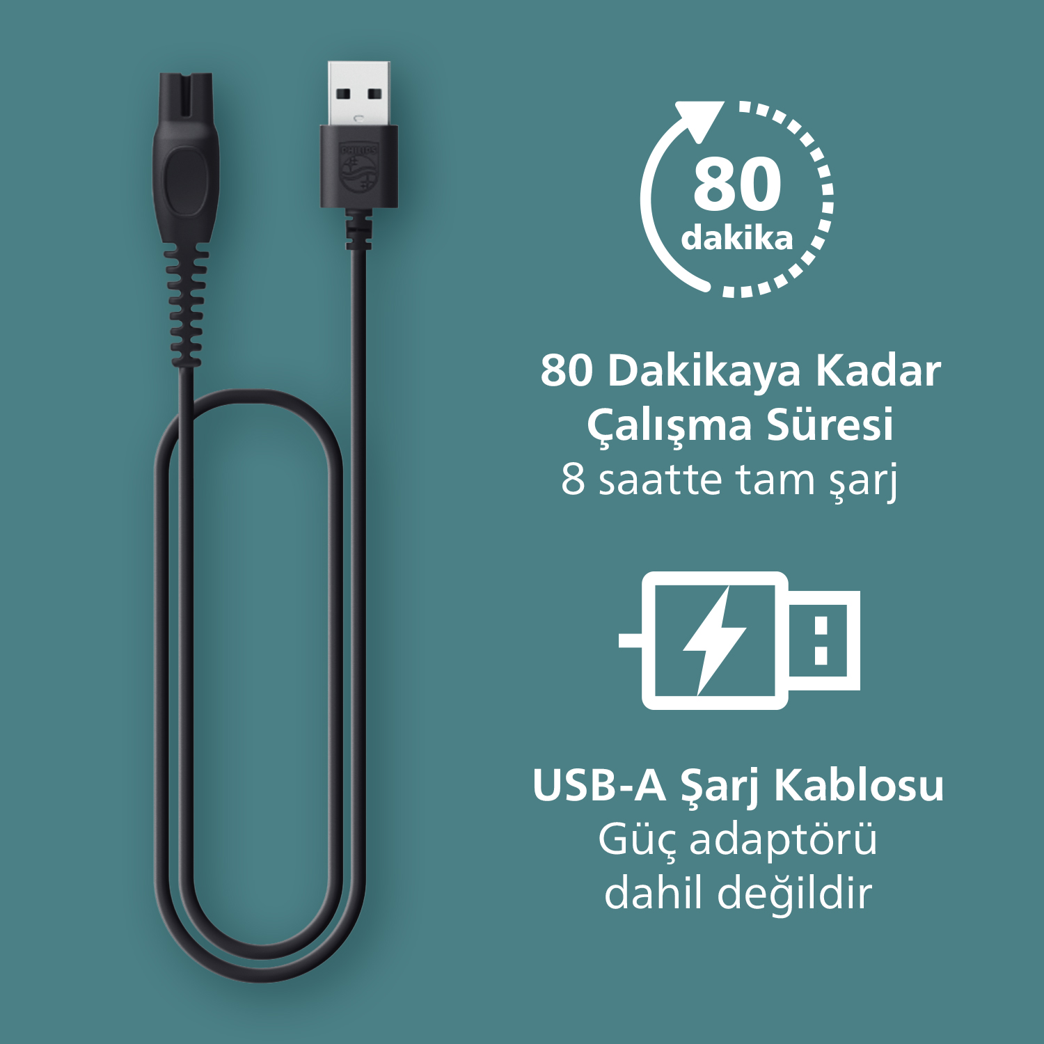 Philips logolu siyah USB-A şarj kablosu. 80 dakika kullanım.