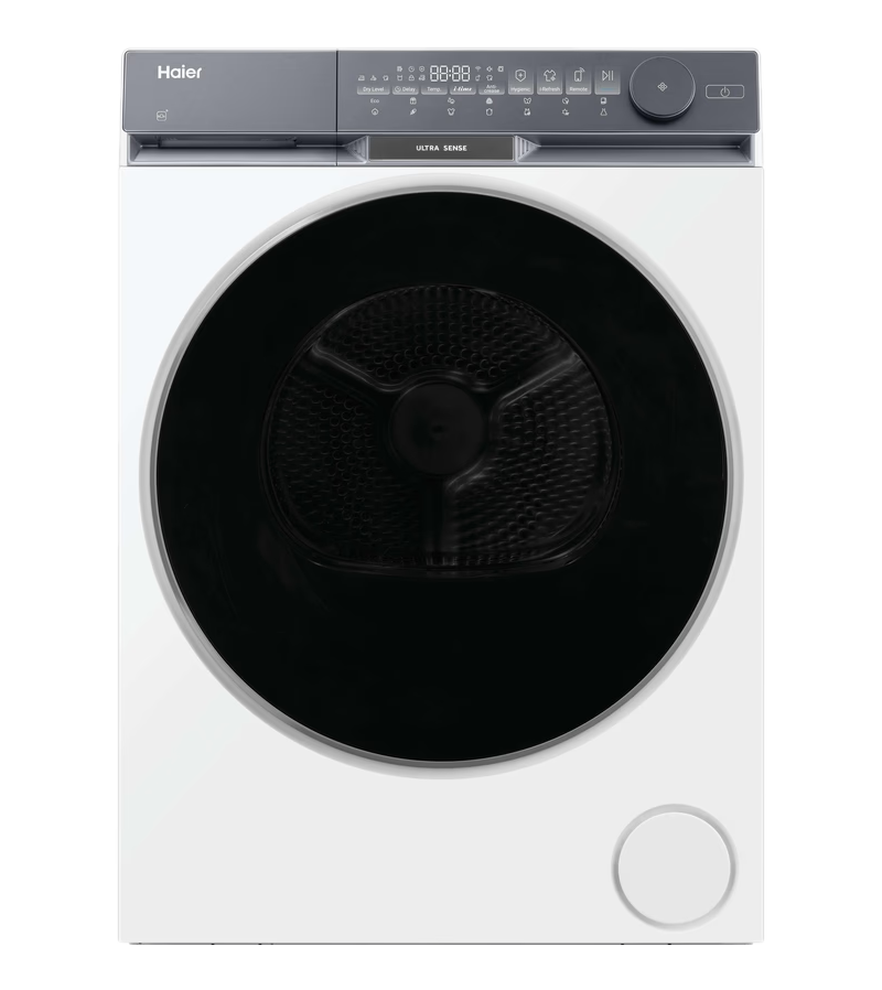 Un'asciugatrice Haier bianca con display digitale e oblò rotondo nero.