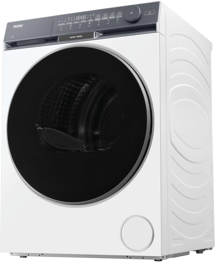 Una lavatrice Haier bianca con oblò nero e display digitale.