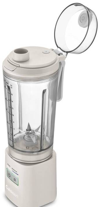 Un mixeur Cuisinart blanc avec un couvercle transparent entrouvert sur fond blanc.